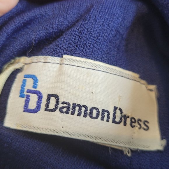 Vintage Dress Damon Dress Navy Blue Red Trim Zip Front Belted Collar 60s Retro - Picture 11 of 13